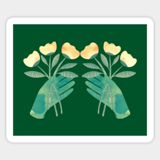 Green hands with yellow flowers on green background Sticker